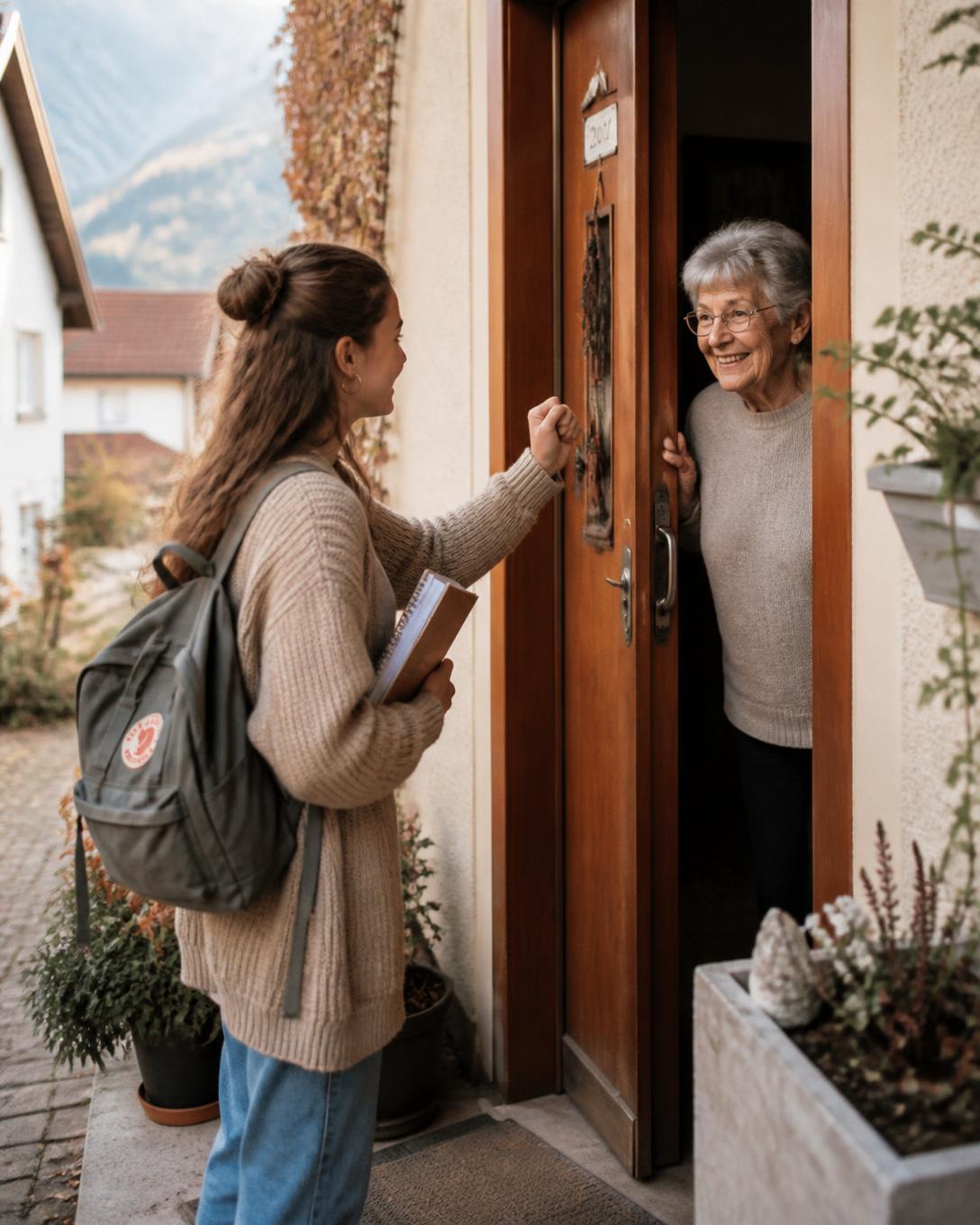 Une jeune intervenante Aide Simple accueillie par une dame âgée à son domicile